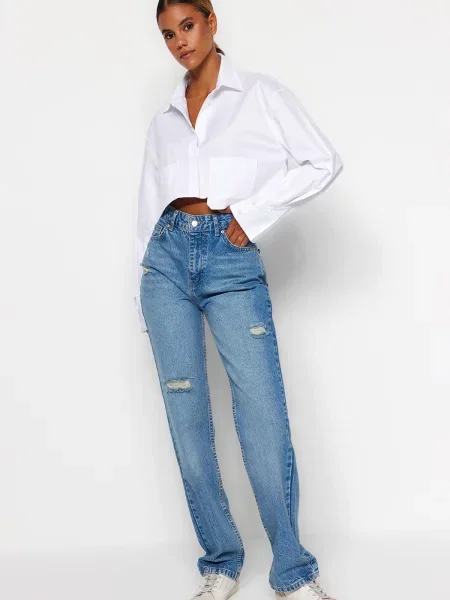 Blugi drepți Trendyol cu talie înaltă rupți albastru