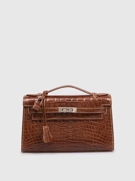 Лаковна сумка зі шкіри крокодила Babe Pay Pls коричнева