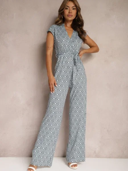 Salopeta cu Vâscoză și Fundă în Talie cu Imprimeu Geometric Trosofia albastră