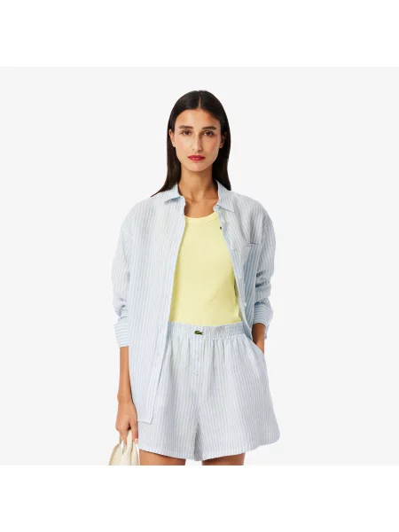 Lacoste Oversizowa Lniana Koszula W Paski niebieska