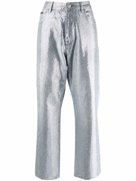 Szerokie jeansy Philipp Plein z kryształkami niebieskie