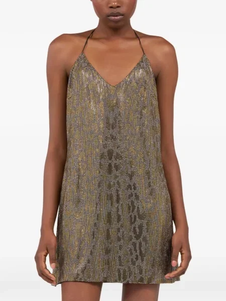 Rochie mini Roberto Cavalli cu decolteu în V de costum auriu