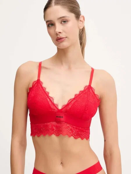 Сутиен HUGO розово от дантела с изчистен дизайн червено