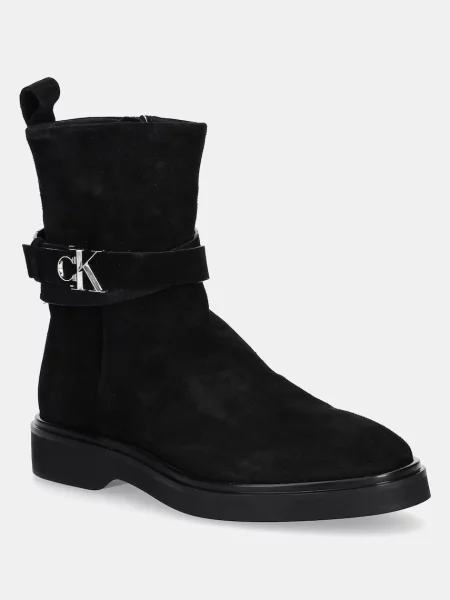 Calvin Klein cizme din piele întoarsă ANKLE BOOT W/ METAL LOGO SUE negru