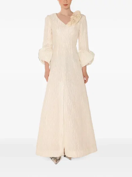 Rochie maxi Baruni cu model floral în linie A alb