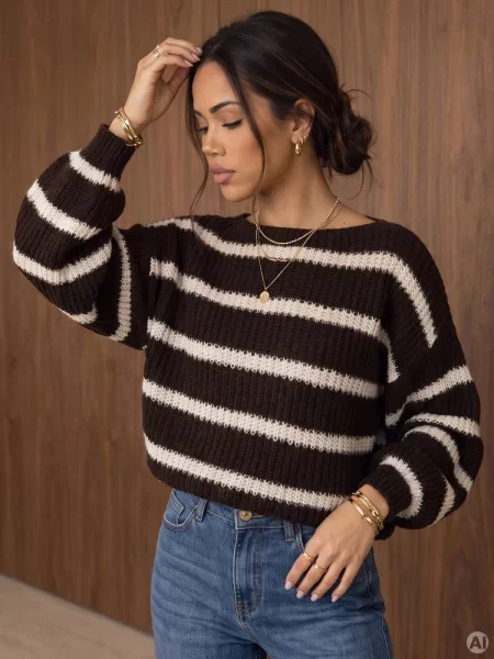 Sweter oversize w paski z regulacją Dstreet brązowy