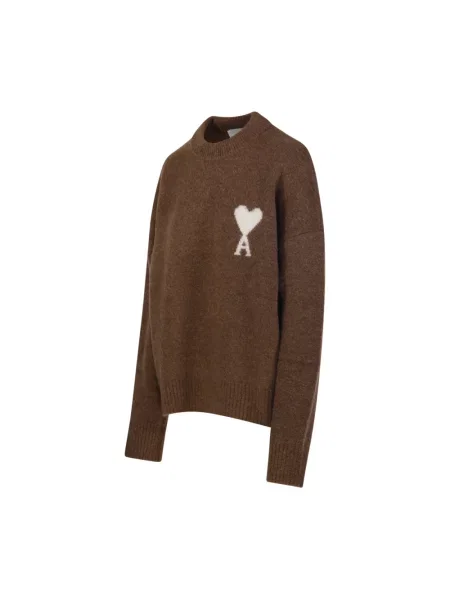 Sweter Ami Paris z okrągłym dekoltem brązowy