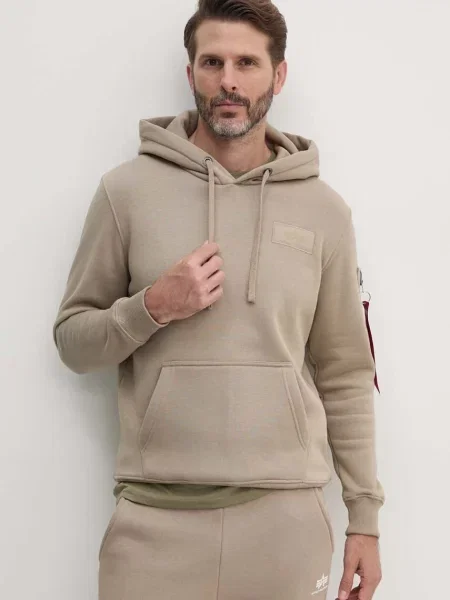 Суичър с качулка Alpha Industries с качулка с принт бежово