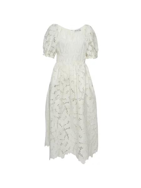 Rochie midi Self-portrait cu model floral din dantelă evazată alb