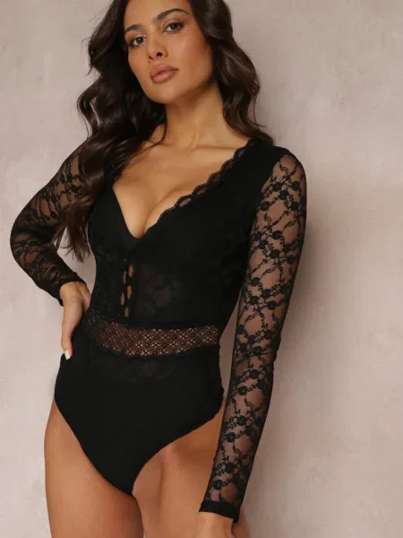 Body din de Dantelă cu Decolteu Adânc Mehika negru