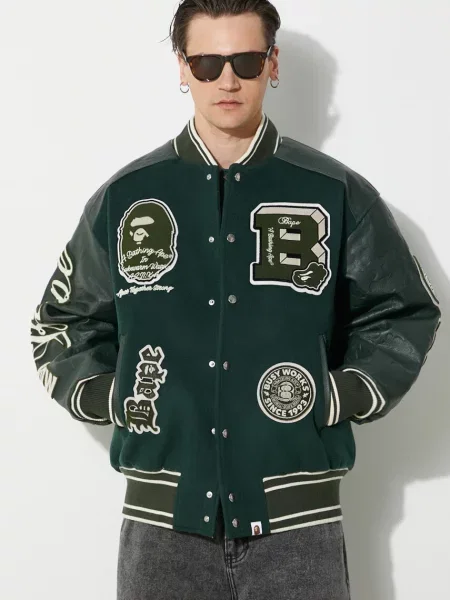 A Bathing Ape jacheta bomber din lana Bape Patch Coach Jacket de iarna oversize verde