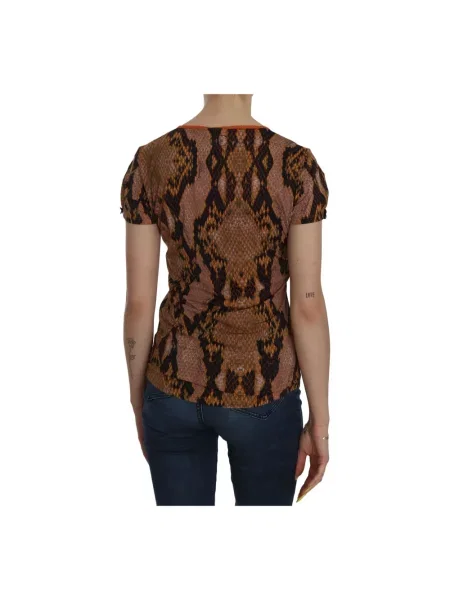 Koszulka Just Cavalli skórzana z nadrukiem z krótkim rękawem brązowa