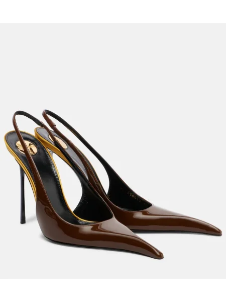 Кожени полуотворени обувки Saint Laurent от лакирана кожа с отворена пета кафяво