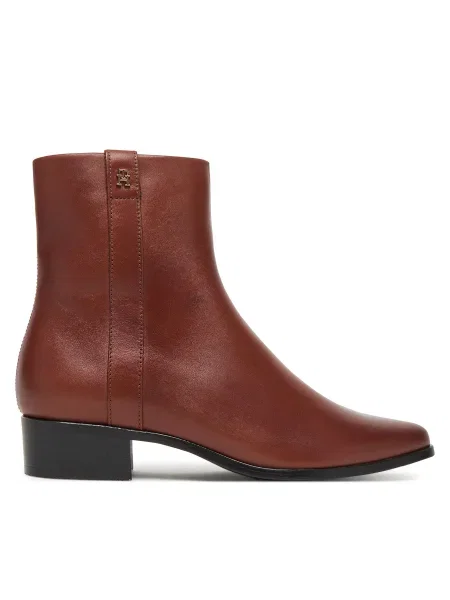 Кожени боти Tommy Hilfiger TH LEATHER POINTY ZIP BOOTIE с дебел кафяво