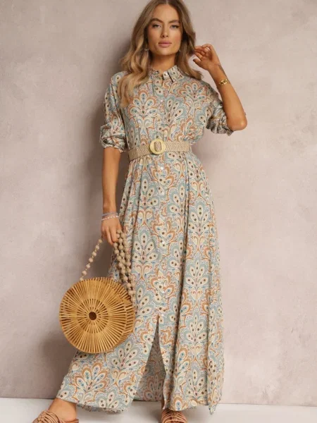 Rochie Cămașă Deschis cu Suplimentară și Mâneci Suflecate Alonie albastru