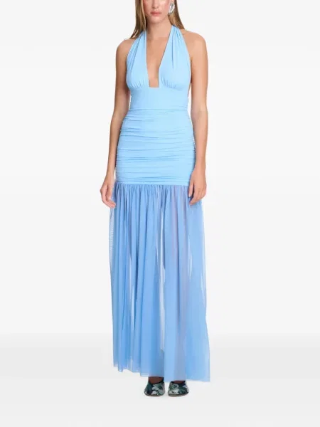 Rochie maxi Axel 113 cu volane evazată cu gât halter albastru