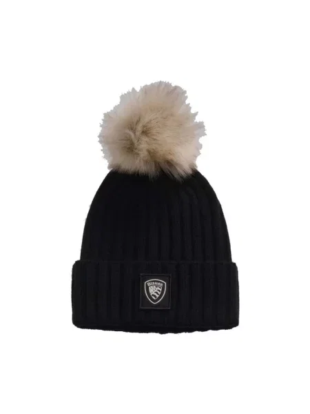 Czapka Blauer z pomponem ze sztucznego futra czarna