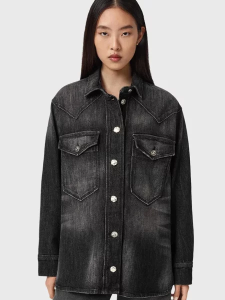 AllSaints cămașă jeans cu guler clasic regular negru