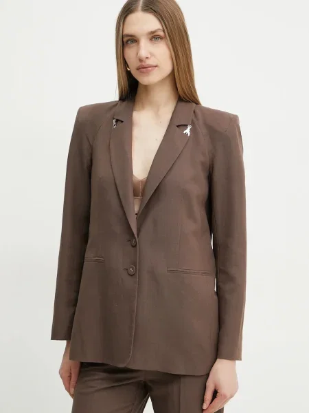 Сако с лен Patrizia Pepe с едно копче с изчистен дизайн кафяво