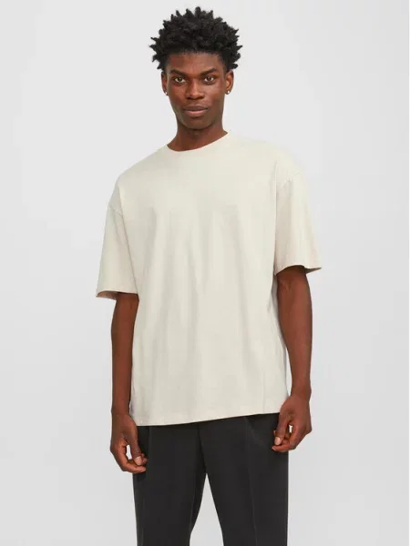 T-shirt z prążkowanym okrągłym dekoltem model ‘BRADLEY’ Jack & Jones beżowa