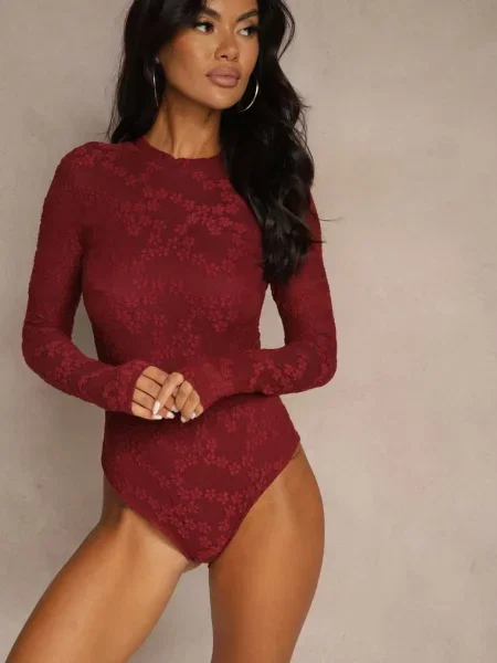 Body Longsleeve z Koronki z Bawełną Zenisesa bordowe