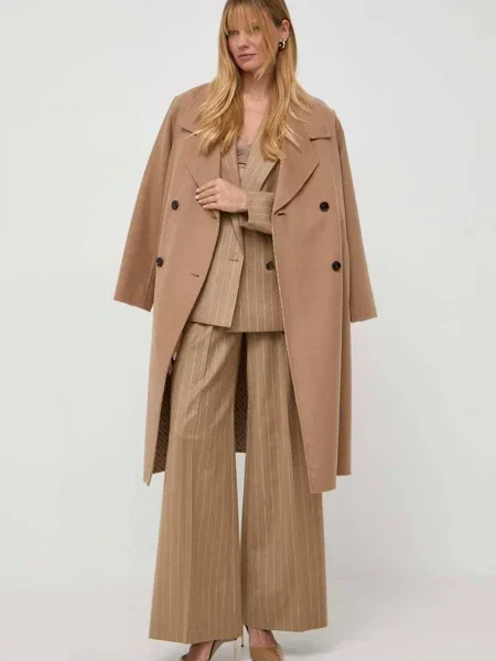 Шерстяное двубортное пальто Boss бежевое