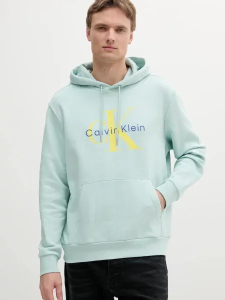 Суичър с качулка Calvin Klein Jeans с качулка с принт зелено