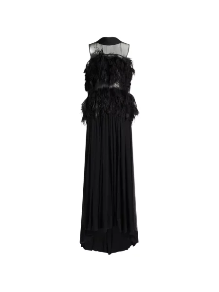 Rochie maxi Alberta Ferretti de mătase cu pene negru