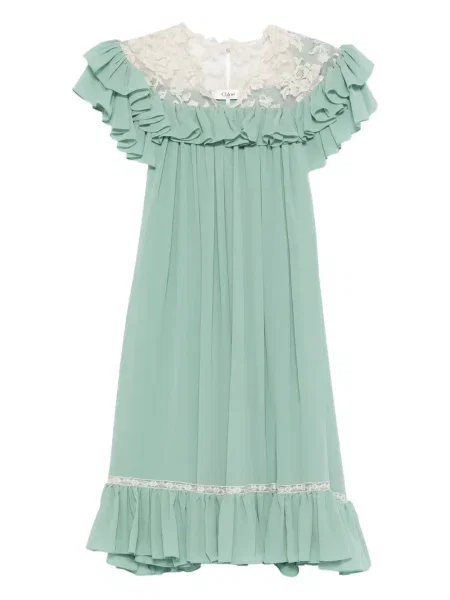 Rochie mini Chloé cu volane din dantelă de costum verde