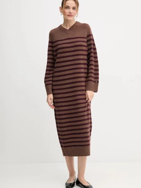 Tommy Hilfiger sukienka wełniana midi oversize brązowy