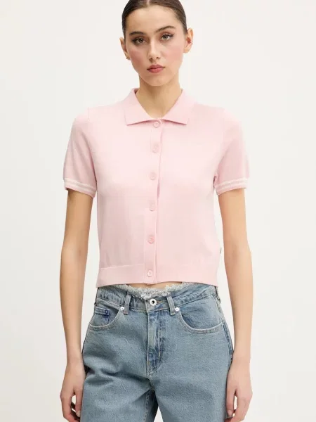 Guess Jeans tricou polo din amestec de lână roz