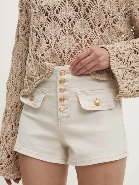 Дънков къс панталон Answear Lab с изчистен дизайн с висока талия бежово