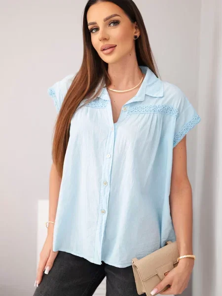 Bluză de dantelă Kesi Włoski cu mâneci scurte din dantelă albastru