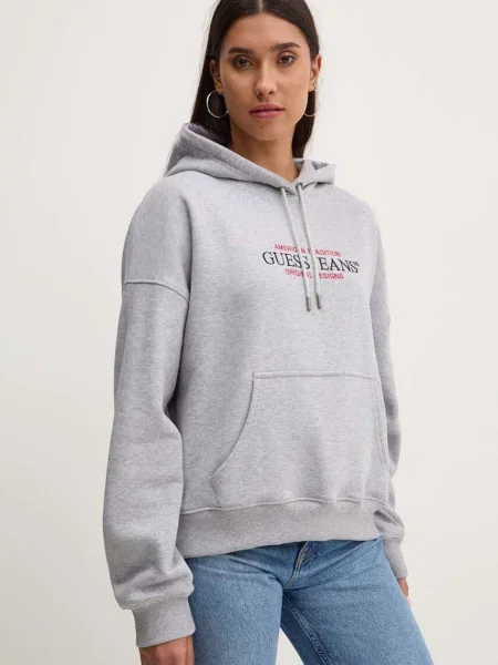 Суичър с качулка Guess Jeans с качулка с апликация сиво