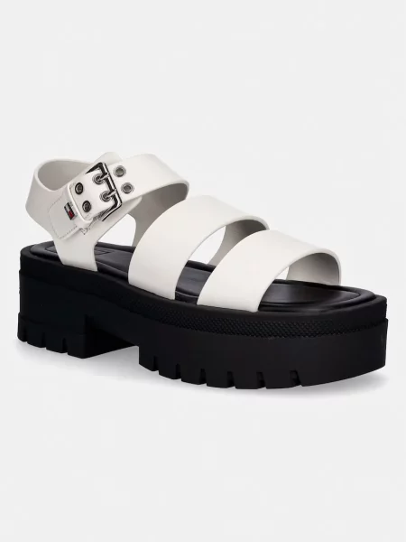 Tommy Jeans sandale pentru femei din piele TJW STRAPS LEATHER MAX SANDAL alb