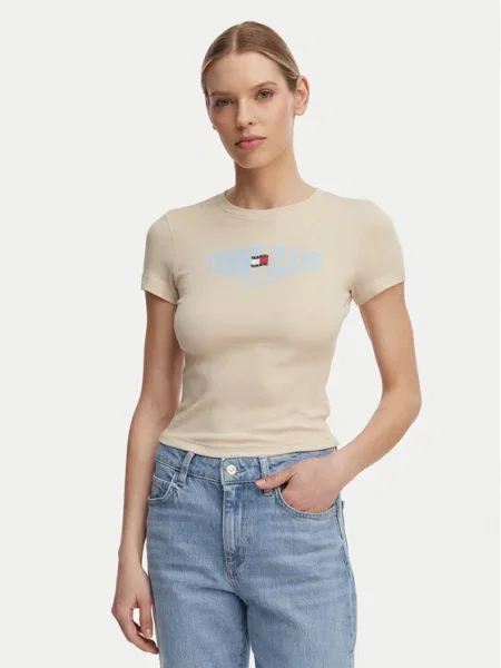 Tommy Jeans Tricou Wavy Flag deschis bej