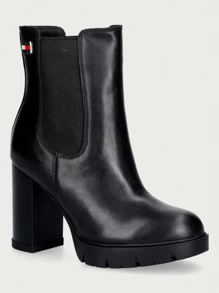 Cizme Tommy Jeans din piele cu toc înalt negru