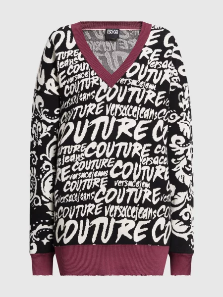 Пуловер в контрастний жакардовий візерунок Logo Brush Couture Versace Jeans Couture чорний