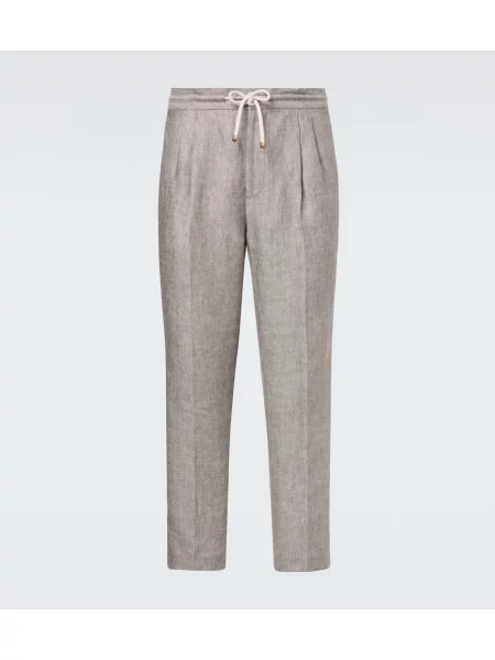 Lněné zúžené lněné kalhoty Brunello Cucinelli šedé