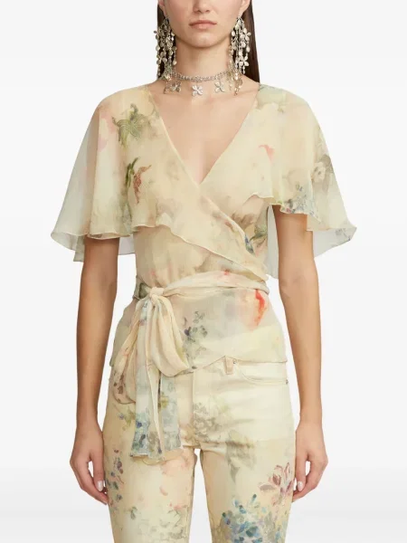 Μεταξωτός φλοράλ τοπ Ralph Lauren Collection με βολάν