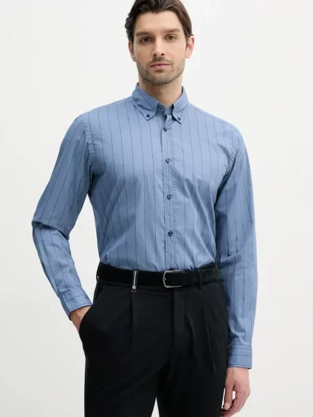 Риза BOSS Orange мъжка със стандартна кройка с яка с копче синьо