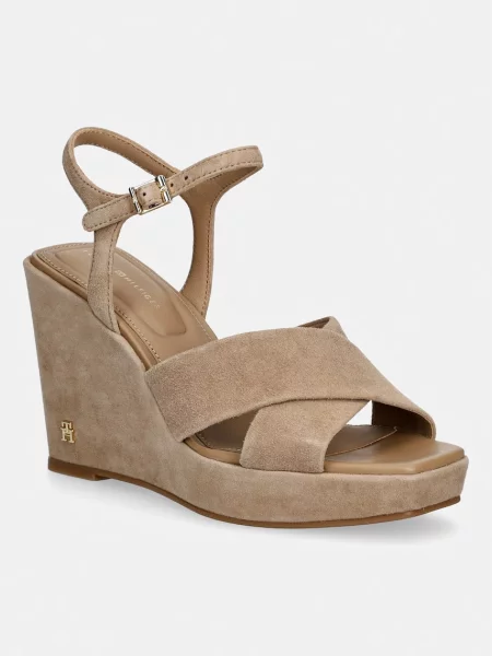 Tommy Hilfiger sandale wedges din piele întoarsă SUEDE WRAPPED HIGH WEDGE bej