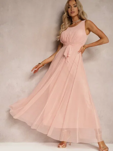 Koktajlowa Sukienka z Tiulowym Dołem Bez Rękawów Elastar różowa