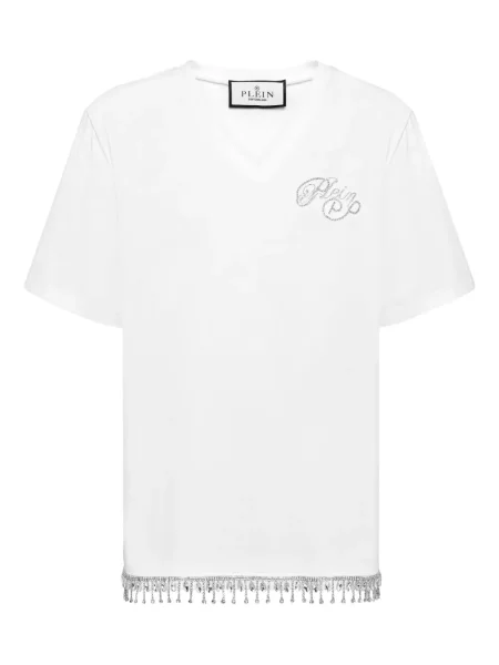 Tricou Philipp Plein cu decolteu în V de cristal alb