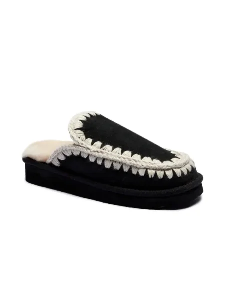 MOU De piele papuci de casă ESKIMO cu adaos de lână negru