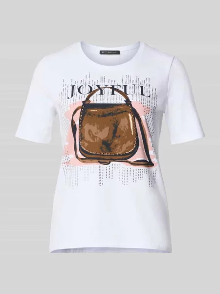 T-shirt o kroju regular fit z obszyciem kamieniami stras model ‘Juli’ Betty Barclay biała