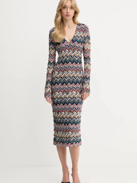 Вълнена рокля Missoni среднодълга с кройка по тялото тъмносиньо