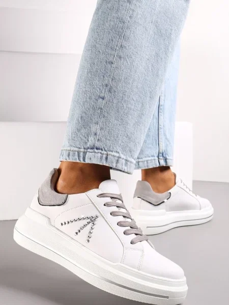 Sneakers Albi-Gri cu Pietre Strass pe Talpă Groasă Nicala alb