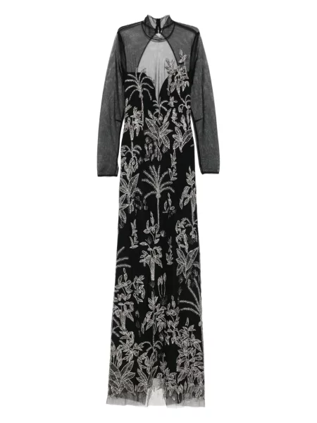 Rochie maxi Costarellos cu broderie cu model floral plasă negru