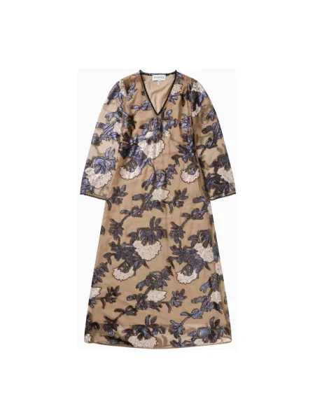 Haftowana sukienka midi Munthe w kwiatki do kolan beżowa